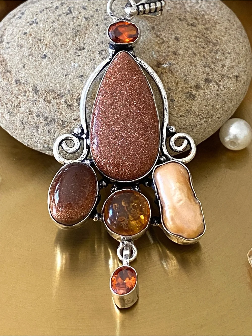 Gold Sunstone, Amber, Madera Citrine And Pearl  Pendant